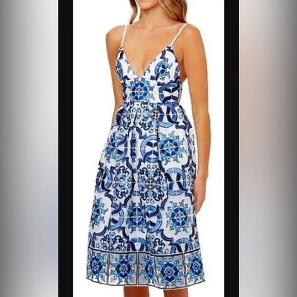 KOOKAI Donatella White Blue Embroidered Cocktail Midi Dress - Picture 9 of 15